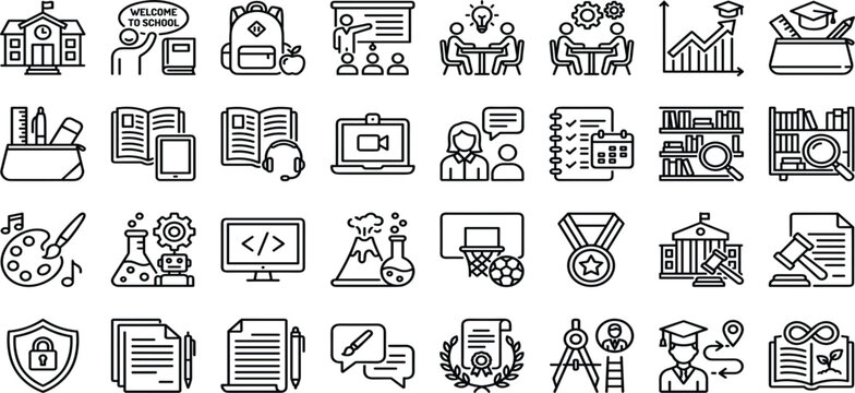 Education and university line icon set with graduation learning tools and classroom signs