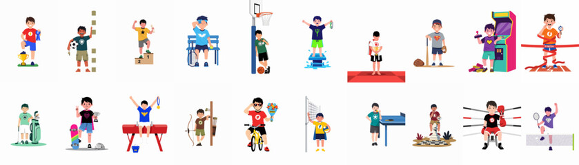 Fototapeta premium A diverse set of cartoon illustrations depicting a young boy achieving success and enjoying various sports, hobbies, and competitive activities.