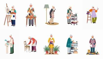 Fototapeta premium Vector illustrations of active senior women enjoying creative hobbies like painting, decorating, and organizing art supplies in their home studios.