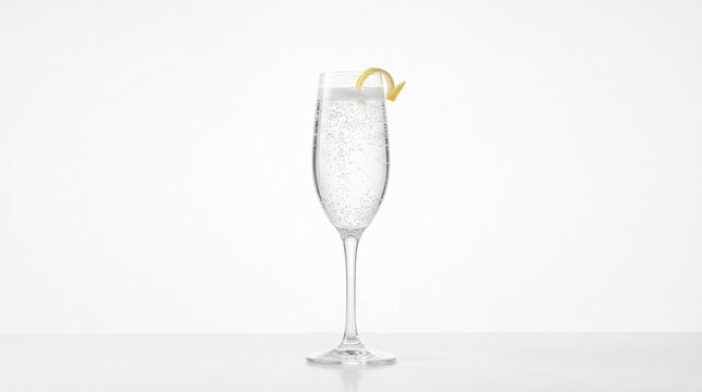 sparkling champagne or gin cocktail with lemon twist garnish against plain white background