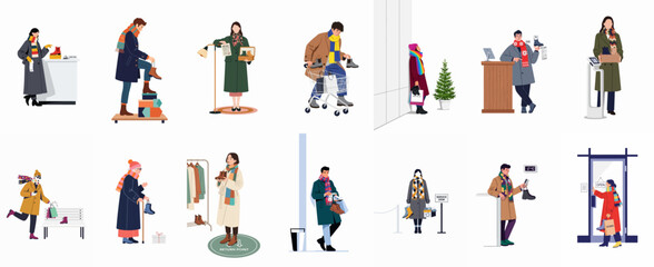 Fototapeta premium Diverse people in winter attire returning, exchanging, and shopping for boots and footwear in a variety of retail settings and service desks.