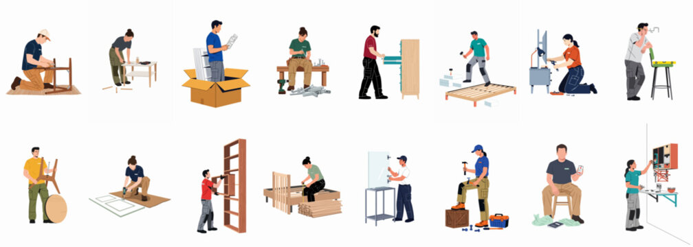 Flat vector illustration set of diverse people assembling various flat-pack furniture items like chairs, tables, beds, and cabinets using tools and manuals.