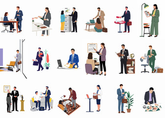 Fototapeta premium Diverse collection of flat illustrations showing business professionals, lawyers, and office workers engaged in various corporate activities, meetings, and legal procedures.