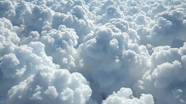 Fluffy cumulus cloudscape bathed in soft sunlight sky atmosphere, dreamy fluffy white cumulus clouds