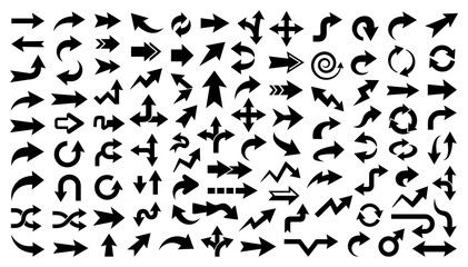 Fototapeta premium Collection of various black arrow shapes and curved directional signs on a white background for design and navigation