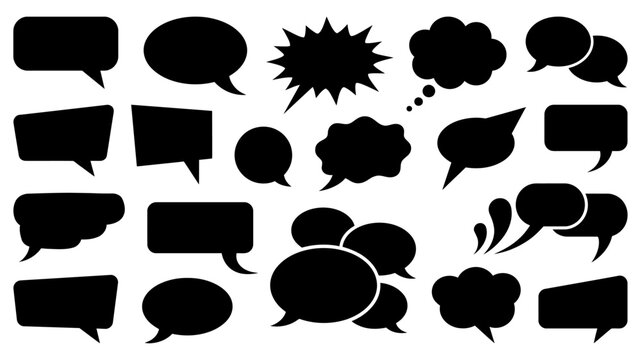 Collection of black speech bubbles and thought balloons in various shapes on a white background for communication concepts