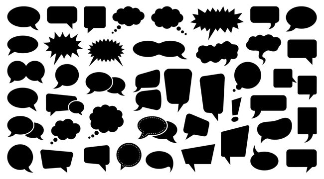 Collection of diverse black speech bubbles and comic book word balloons in silhouette on a white background for design projects