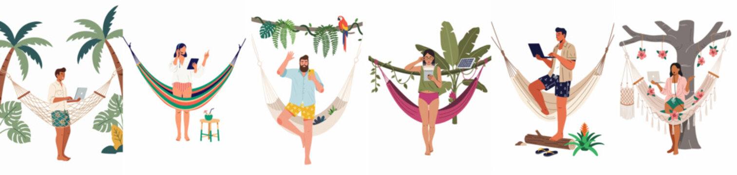 Set of diverse digital nomads working remotely with laptops and tablets from tropical locations, lounging in hammocks under palm trees.