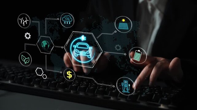 Futuristic Technology Concept with Car, Digital Interface and Data Visualization Showing Sustainable Energy, Electric Vehicles, and Innovative Transportation Solutions. Entropy.