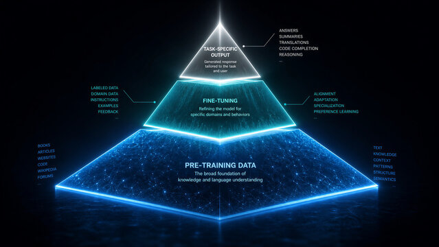 AI Model Training Hierarchy Pyramid Showing Pre-training and Fine-tuning