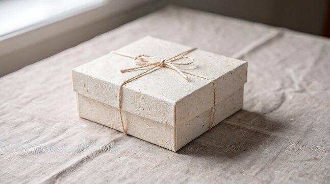 Elegant White Gift Box Tied with Twine on Textured Surface.
