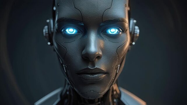 Futuristic android female robot portrait metallic skin glowing blue eyes eerie calm intense stare