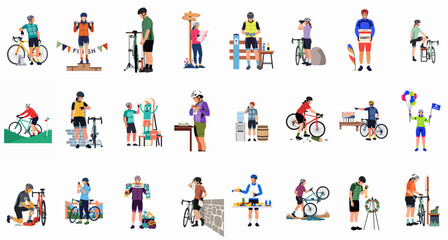 Fototapeta premium A set of flat vector illustrations depicting cyclists in diverse activities such as racing, charity events, bike maintenance, navigation, and celebrating sporting achievements.