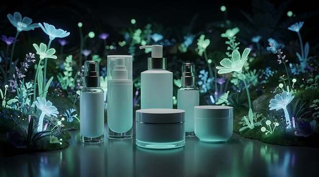 Enchanting Skincare Products in a Mystical Bioluminescent Forest.
