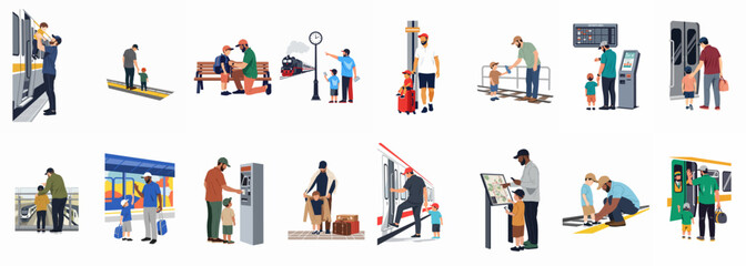 Fototapeta premium Collection of flat illustrations depicting fathers and their young sons traveling, waiting, and navigating various situations at a busy train station together.