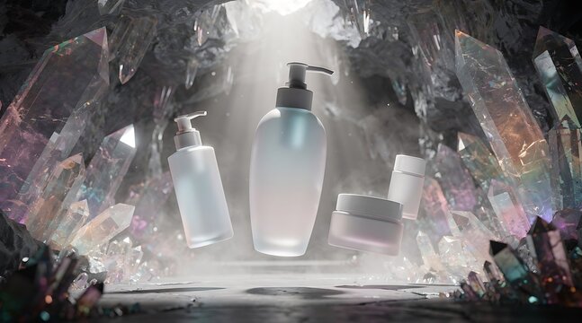 Luxury Skincare Products Floating Amidst Crystalline Formations.