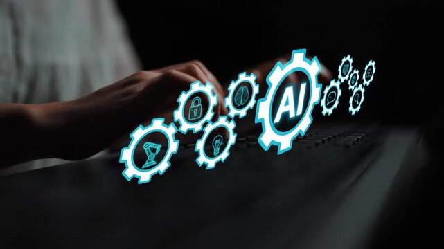 Hands typing on a keyboard with floating icons of gears and artificial intelligence symbols representing technology and innovation in a dark setting. Entropy.