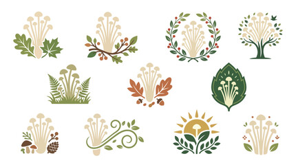 Collection of decorative elements featuring mushrooms, leaves, acorns, and berries, evoking a natural and autumnal theme. © tr