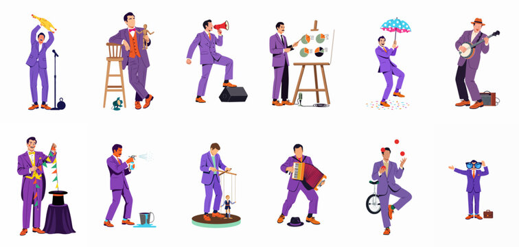 Collection of illustrations featuring a versatile entertainer in a purple suit performing various acts like juggling, magic, music, and comedy.