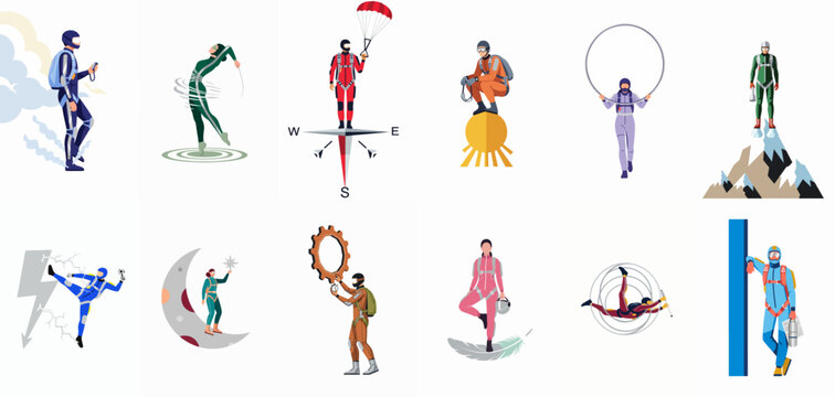 Set of conceptual skydiving illustrations featuring skydivers in metaphorical scenarios including balance, time, and nature elements in a flat vector design.