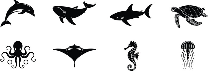 Vector collection of eight marine animal silhouettes including dolphin whale shark turtle octopus ray seahorse and jellyfish on white background © SreeRupali