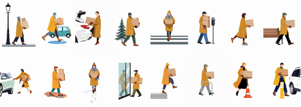 Vector illustration set of diverse people in warm winter coats carrying cardboard delivery boxes in various urban and outdoor settings.