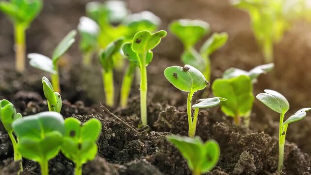 Young green sprouts growing from rich soil in warm sunlight