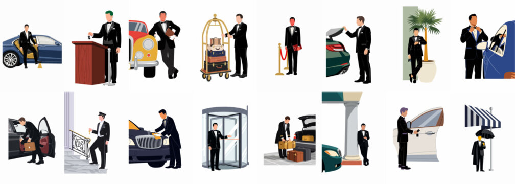 Vector collection of luxury valet and concierge service illustrations including car parking, luggage handling, and guest assistance in formal black-tie attire.
