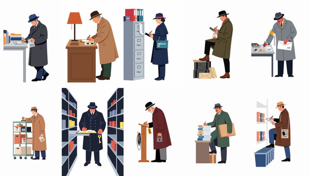 Collection of illustrations depicting detectives and investigators in classic trench coats conducting various research and forensic activities in office and archive settings.