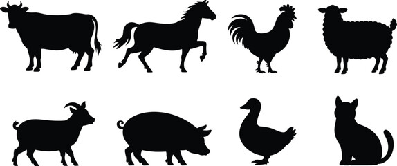 Fototapeta premium Vector collection of farm animal silhouettes featuring cow horse pig sheep goat rooster duck and cat for rural design projects