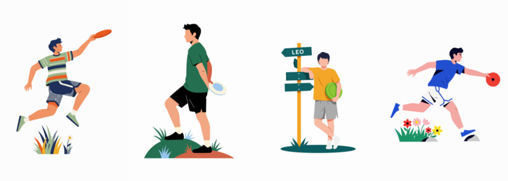 Set of diverse vector illustrations featuring young men playing disc golf and ultimate frisbee in outdoor settings, isolated on a white background.