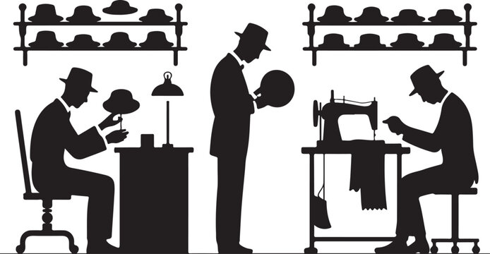 Vintage hat makers working in a shop