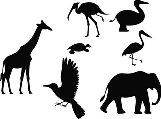 Fototapeta premium Wildlife Animal and Bird Silhouette Collection Featuring Giraffe Elephant Heron Pelican Ibis and Flying Crow