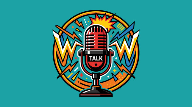 Vibrant Vector Illustration of a Bold Microphone with Dynamic Talk Label for Podcast Radio or Broadcasting Concepts communication media lines