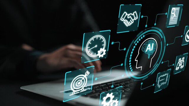 Futuristic Concept of Artificial Intelligence with Digital Interface Elements and Laptop Displaying AI Functionality and Data Analytics. Entropy.