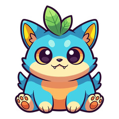 Fototapeta premium Cute blue fantasy creature with a leaf on its head, kawaii magical pet monster and nature mascot concept vector illustration