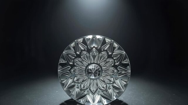 Clear crystal medallion glass with floral cut pattern under dramatic spotlight reflective surface