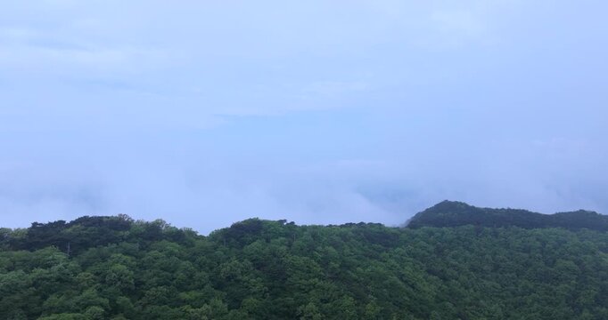 seongjusan, boryeong, south korea, aerial view, drone shot, hyperlapse, timelapse, mountain fog, mist, misty morning, cloudy sky, fast motion, atmospheric, majestic nature, serene landscape, pine tree