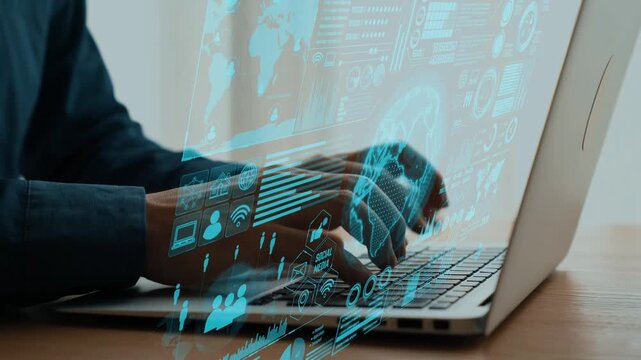 A focused individual interacts with a laptop, showcasing digital communication and network data visualization, emphasizing the evolving landscape of technology and information sharing. Cipher