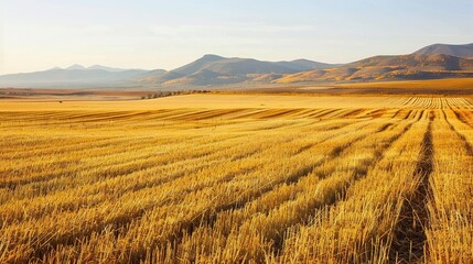 Fototapeta premium Golden autumn field distant mountains rural landscape