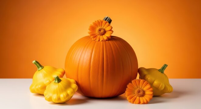 Autumn harvest composition with a large pumpkin, yellow pattypan squash, and orange flowers