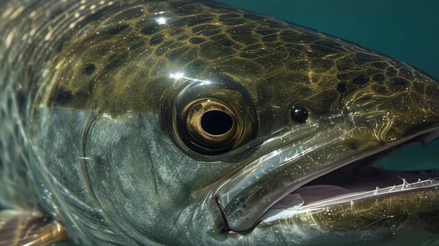 Golden spotted trout close up underwater eye and open mouth with sharp teeth reflecting light
