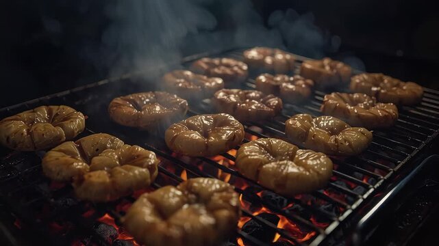 Grilled ring shaped pastry and marinated shrimp rings caramelized over charcoal smoke with golden