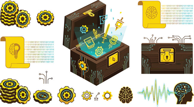 Cyberpunk Loot Box Vector Set with Futuristic Cyber Chest Gears Digital AI Scrolls Brain Wave Data and Glowing Fantasy Game Loot