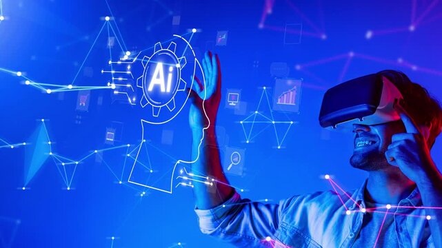 A smiling man uses a virtual reality headset, engaging with artificial intelligence concepts against a vibrant, tech-inspired background full of data visuals and networks. Raster
