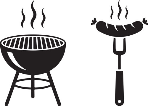 Grilled sausage on a black barbecue grill with tongs