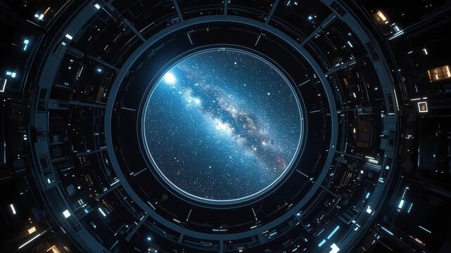 Futuristic circular space window framing milky way starfield galaxy view awe inspiring serene