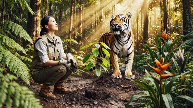 Woman planting tree in tropical forest with wild tiger.