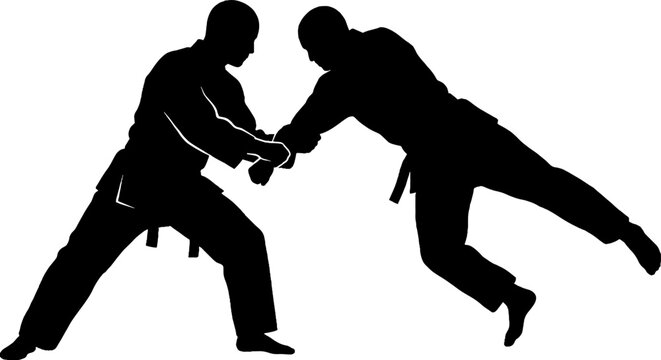 Silhouette of two martial artists in combat pose.