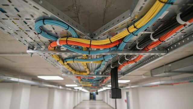 Cable trays mounted on a ceiling support colorful electrical wires that traverse a large commercial hallway structure.